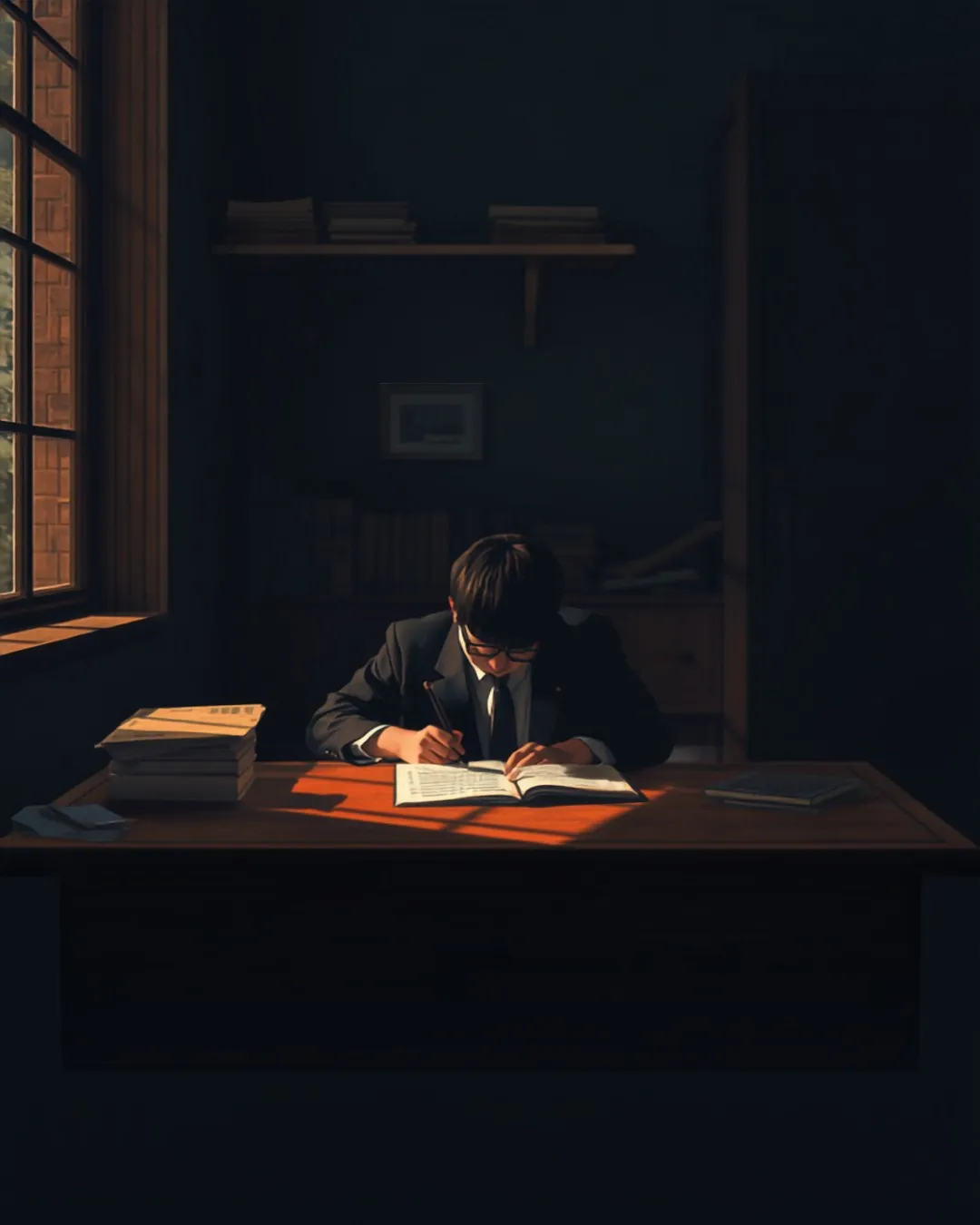 공무원 시험을 준비하는 수험생의 책상 — 한국사 교재와 노트, 차분한 도서관 분위기 이미지